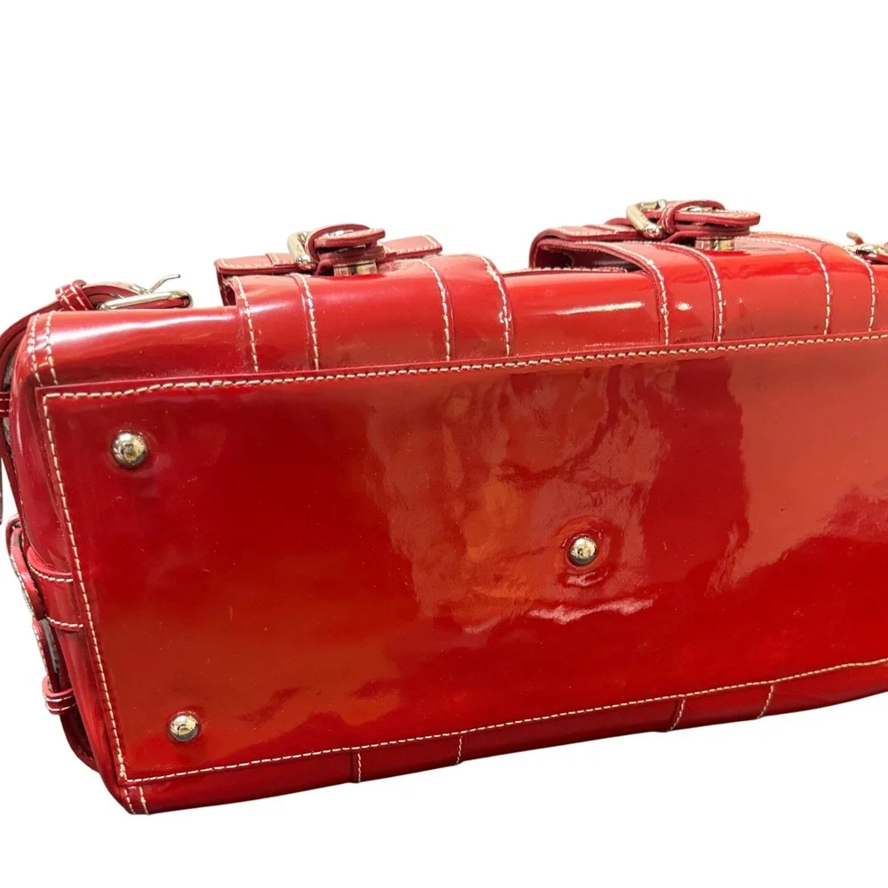 MCM Satchel Top Handle Bag Red Patent Leather‎ Buckle Detail EUC